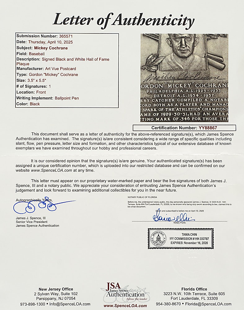 Signed 1953-1955 Artvue (Type 1) Black-and-White Hall of Fame Postcard Mickey Cochrane - PSA/DNA