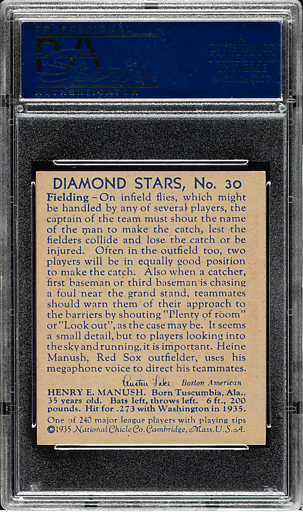 1934-1936 R327 Diamond Stars #30 Heinie Manush No "W" on Sleeve (1936 Blue Back) PSA NM-MT 8