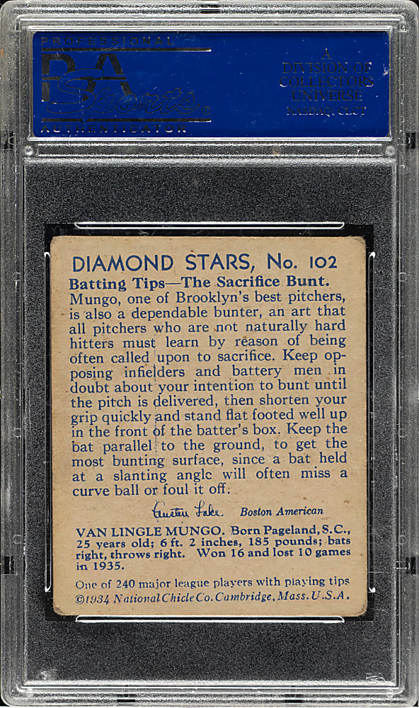 1934-1936 R327 Diamond Stars #102 Van Mungo High Number PSA VG-EX 4