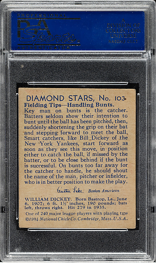 1934-1936 R327 Diamond Stars #103 Bill Dickey (1936 Blue Back) High Number PSA VG-EX 4