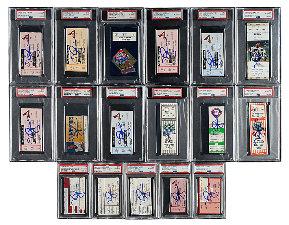 Signed 1998 Mark McGwire Home Run Full Ticket and Ticket Stub PSA-Graded Collection (57) - All 70 Home Runs From His Single-Season Record!