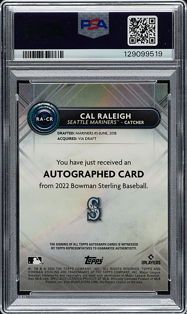 2022 Bowman Sterling Rookie Autographs #RA-CR Cal Raleigh Speckle Refractor #93/99 PSA GEM MINT 10