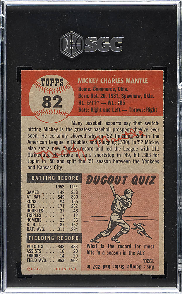 1953 Topps #82 Mickey Mantle SGC NM/MT 8 (MBA Gold Diamond)