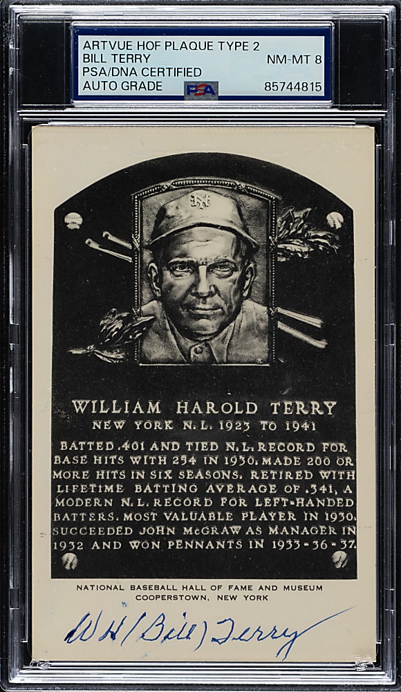Signed 1956-1963 Artvue (Type 2) Black-and-White Hall of Fame Postcard Bill Terry PSA/DNA NM-MT 8