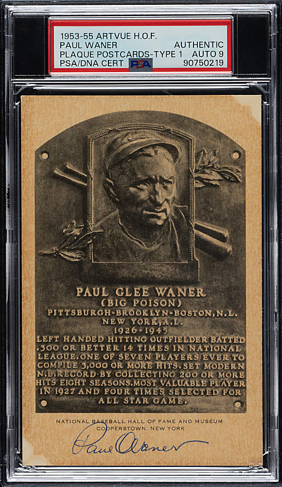 Signed 1953-1955 Artvue (Type 1) Black-and-White Hall of Fame Postcard Paul Waner PSA/DNA MINT 9