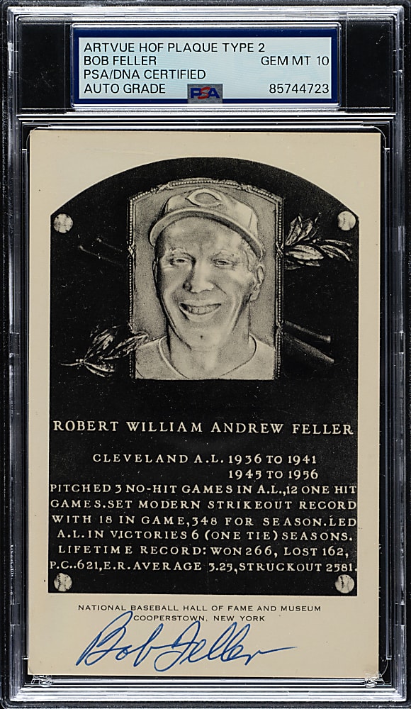 Signed 1956-1963 Artvue (Type 2) Black-and-White Hall of Fame Postcard Bob Feller PSA/DNA GEM MINT 10