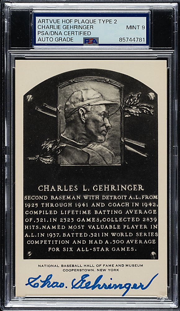 Signed 1956-1963 Artvue (Type 2) Black-and-White Hall of Fame Postcard Charlie Gehringer PSA/DNA MINT 9