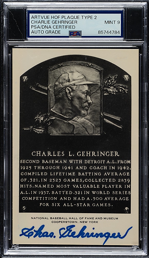Signed 1956-1963 Artvue (Type 2) Black-and-White Hall of Fame Postcard Charlie Gehringer PSA/DNA MINT 9