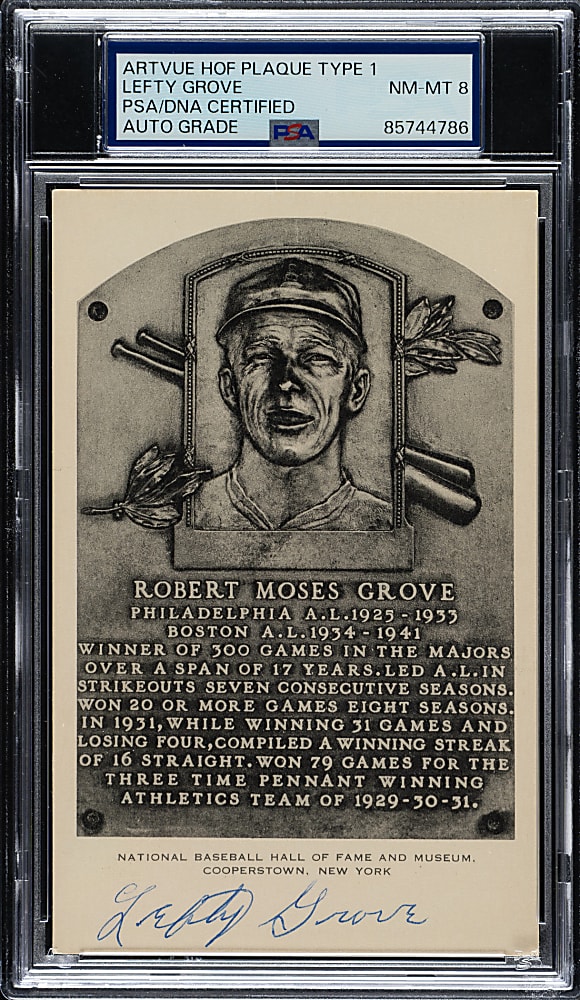 Signed 1953-1955 Artvue (Type 1) Black-and-White Hall of Fame Postcard Lefty Grove PSA/DNA NM-MT 8