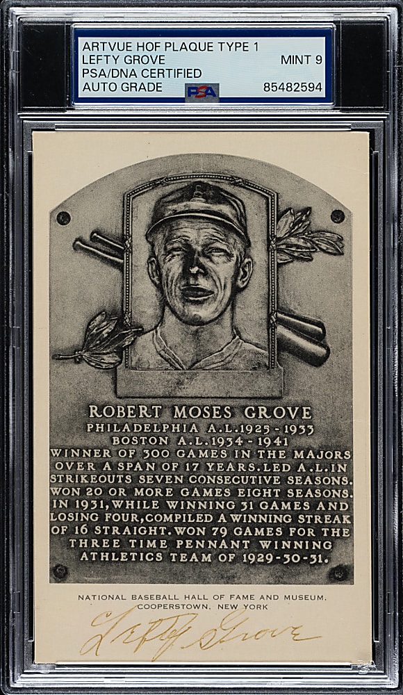 Signed 1953-1955 Artvue (Type 1) Black-and-White Hall of Fame Postcard Lefty Grove PSA/DNA MINT 9