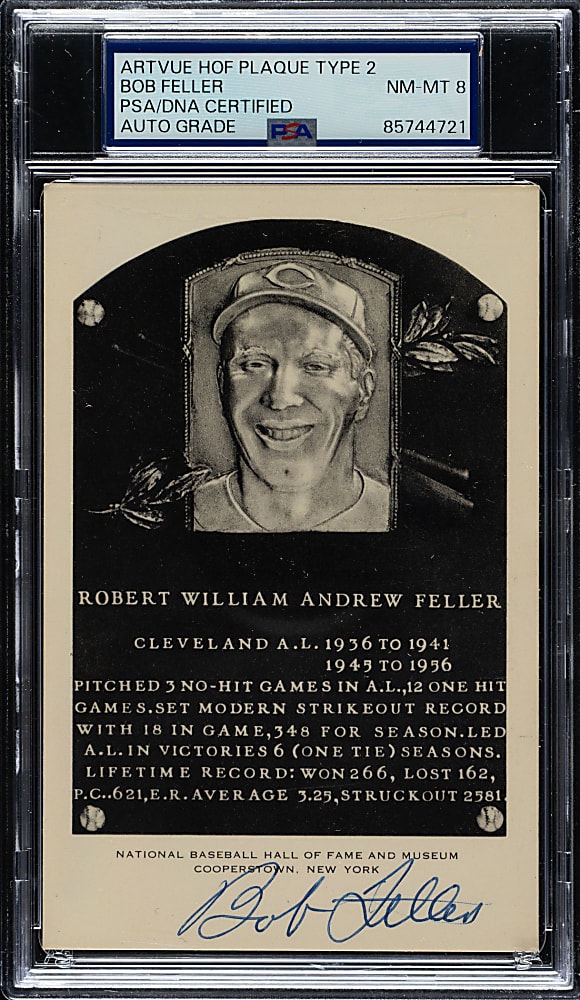 Signed 1956-1963 Artvue (Type 2) Black-and-White Hall of Fame Postcard Bob Feller PSA/DNA NM-MT 8
