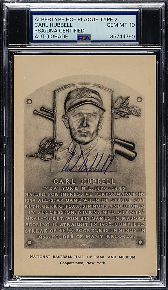 Signed 1946-1952 Albertype (Type 2) Black-and-White Hall of Fame Postcard Carl Hubbell PSA/DNA GEM MINT 10