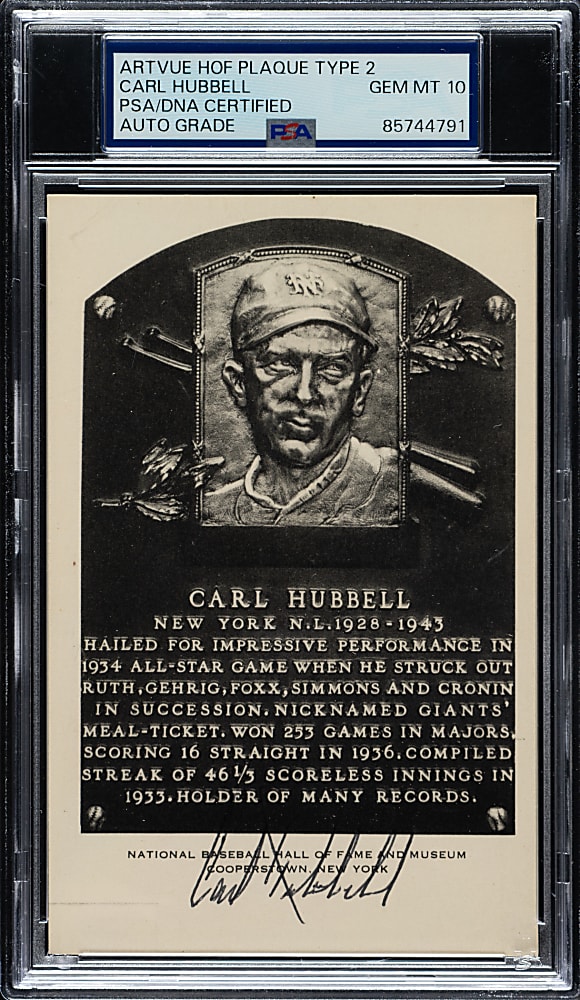 Signed 1956-1963 Artvue (Type 2) Black-and-White Hall of Fame Postcard Carl Hubbell PSA/DNA GEM MINT 10