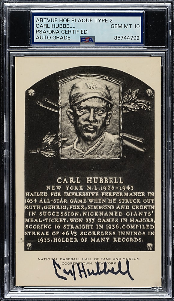 Signed 1956-1963 Artvue (Type 2) Black-and-White Hall of Fame Postcard Carl Hubbell PSA/DNA GEM MINT 10