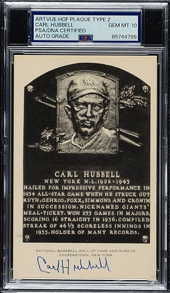 Signed 1956-1963 Artvue (Type 2) Black-and-White Hall of Fame Postcard Carl Hubbell PSA/DNA GEM MINT 10