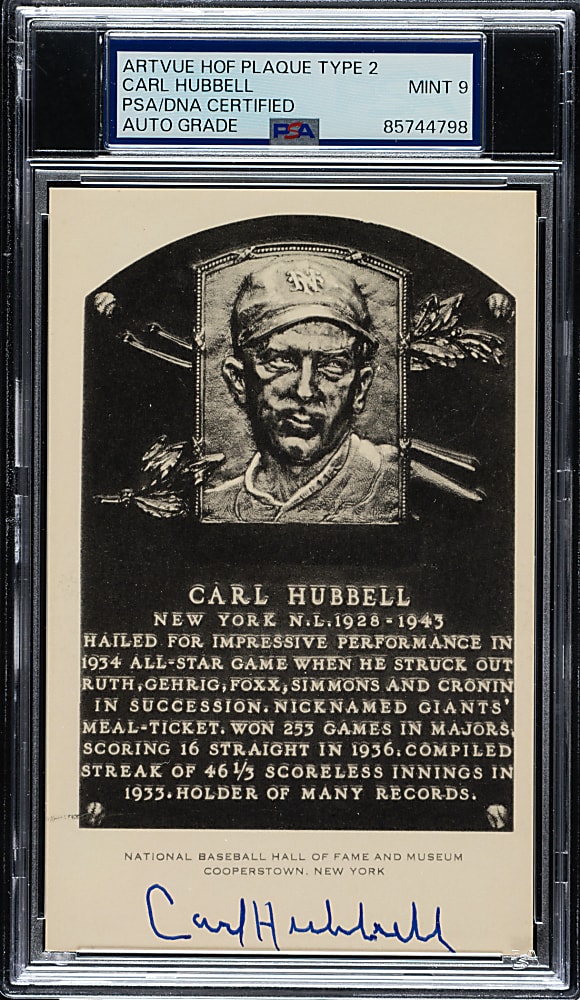 Signed 1956-1963 Artvue (Type 2) Black-and-White Hall of Fame Postcard Carl Hubbell PSA/DNA MINT 9