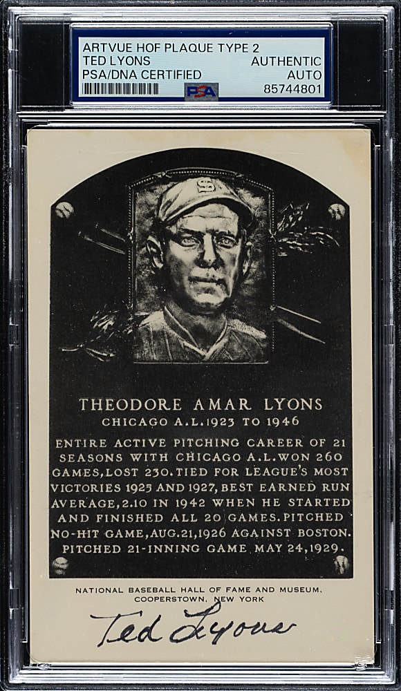 Signed 1956-1963 Artvue (Type 2) Black-and-White Hall of Fame Postcard Ted Lyons - PSA/DNA