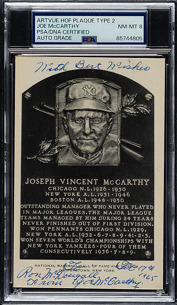 Signed 1956-1963 Artvue (Type 2) Black-and-White Hall of Fame Postcard Joe McCarthy PSA/DNA NM-MT 8