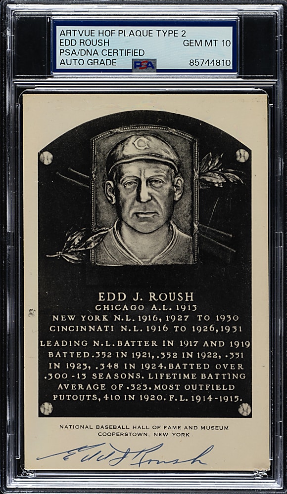 Signed 1956-1963 Artvue (Type 2) Black-and-White Hall of Fame Postcard Edd Roush PSA/DNA GEM MINT 10