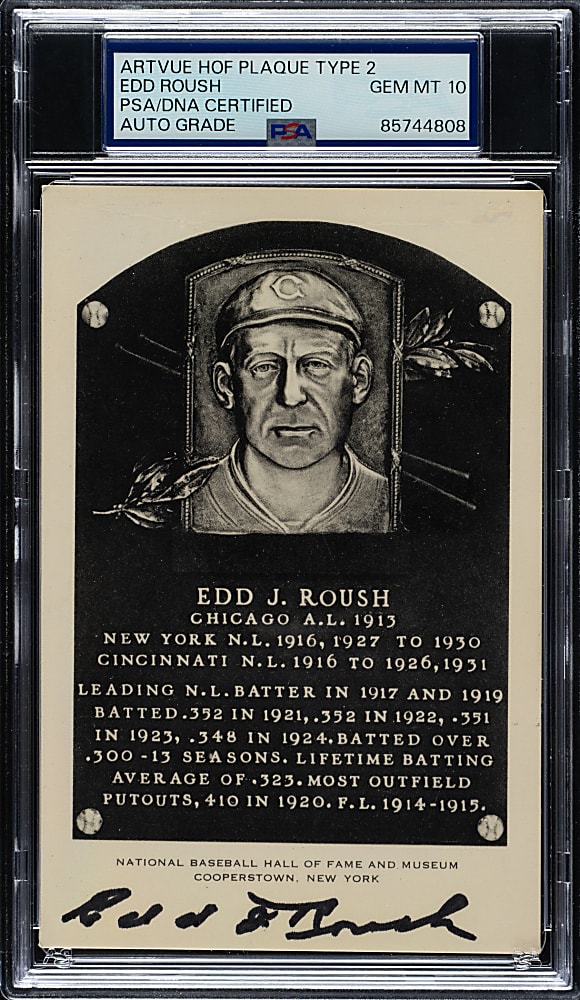 Signed 1956-1963 Artvue (Type 2) Black-and-White Hall of Fame Postcard Edd Roush PSA/DNA GEM MINT 10