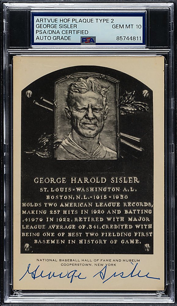 Signed 1956-1963 Artvue (Type 2) Black-and-White Hall of Fame Postcard George Sisler PSA/DNA GEM MINT 10