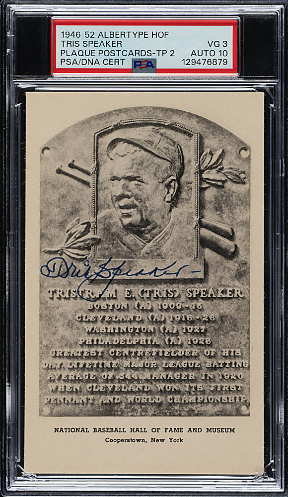 Signed 1946-1952 Albertype (Type 2) Black-and-White Hall of Fame Postcard Tris Speaker PSA VG 3 with GEM MINT 10 Signature - 1 of 1 - Highest Graded!