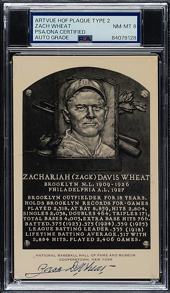 Signed 1956-1963 Artvue (Type 2) Black-and-White Hall of Fame Postcard Zack Wheat PSA/DNA NM-MT 8