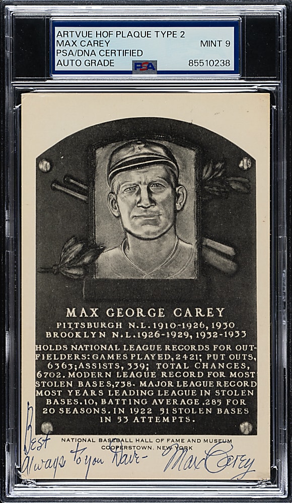 Signed 1956-1963 Artvue (Type 2) Black-and-White Hall of Fame Postcard Max Carey PSA/DNA MINT 9