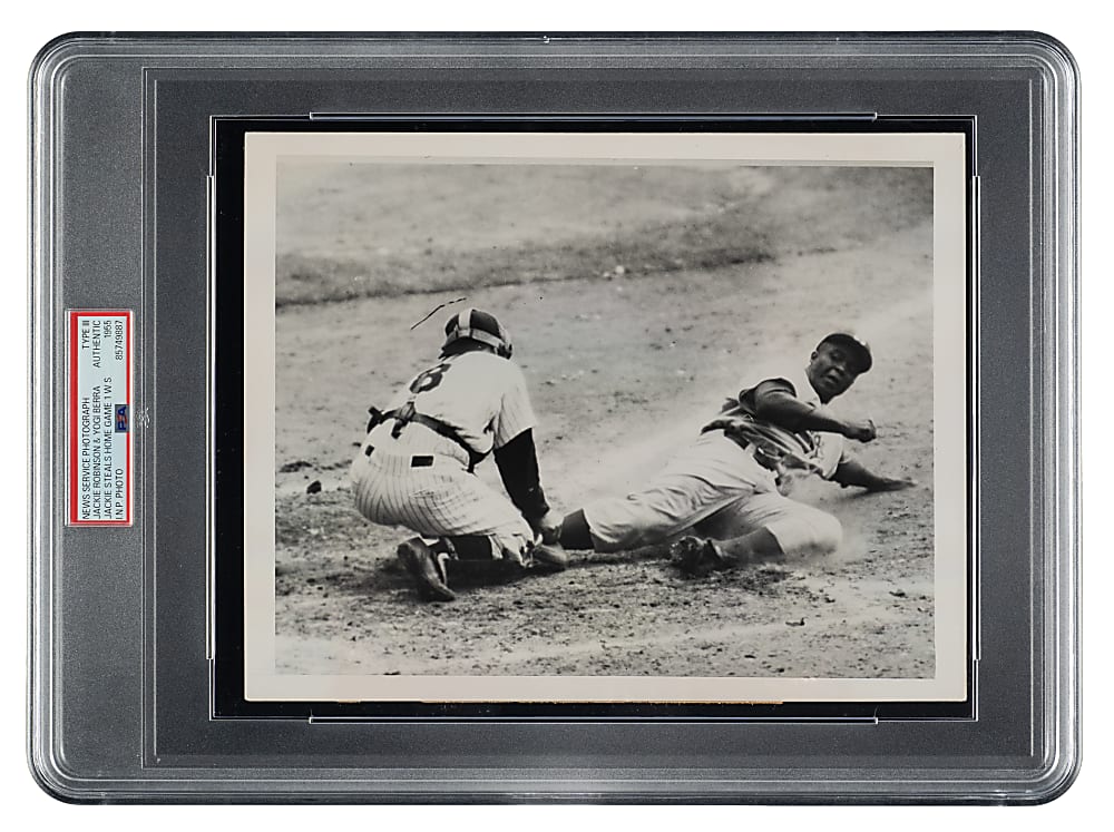 1955 Jackie Robinson and Yogi Berra International News Service Photograph - PSA/DNA Type III