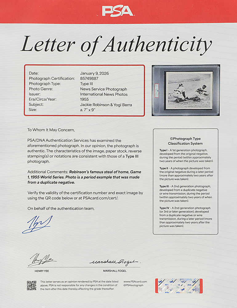 1955 Jackie Robinson and Yogi Berra International News Service Photograph - PSA/DNA Type III