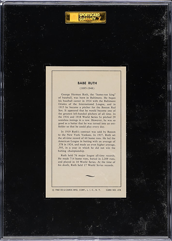 1960 ED-U-Cards #41B Babe Ruth SGC MINT 96 - 1 of 1 - Highest Graded!