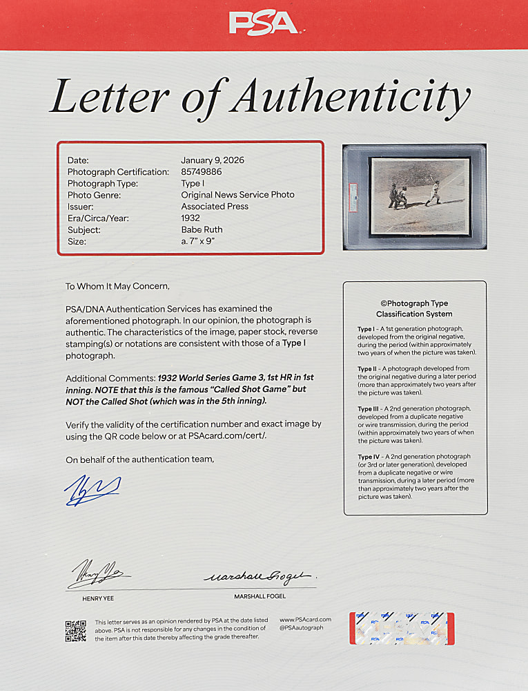 1932 Babe Ruth World Series Game 3 Original Associated Press Photograph PSA/DNA Type I - First Home Run in the "Called Shot" Game