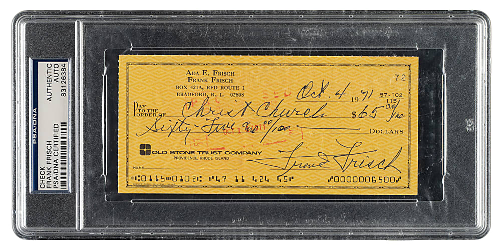 1971 Frank Frisch Signed Check - PSA/DNA