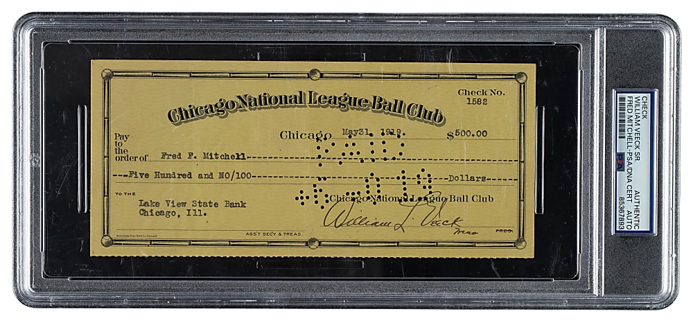 1919 Fred Mitchell Signed Chicago Cubs Payroll Check with William Veeck - PSA/DNA