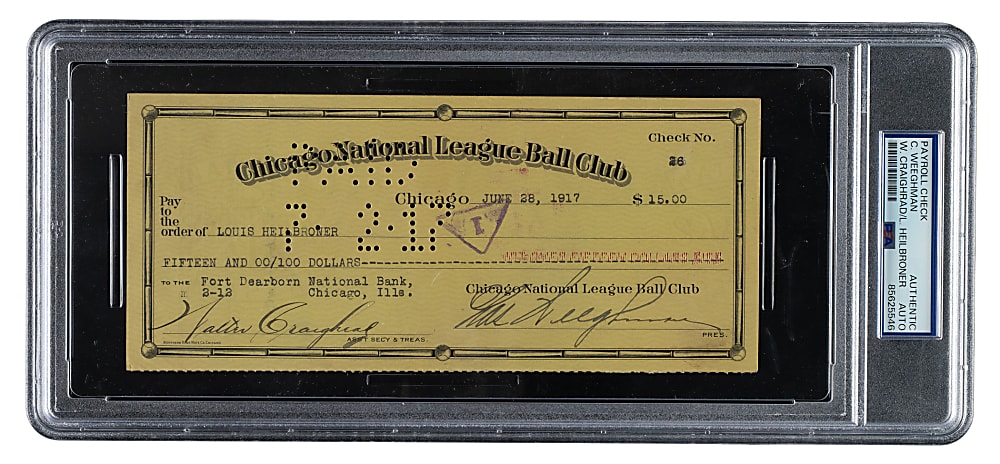 1917 Charles Weeghman Signed Chicago Cubs Payroll Check with Walter Craighead and Louie Heilbroner - PSA/DNA