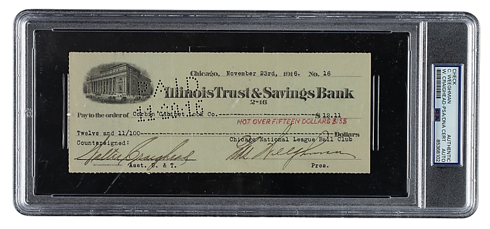 1916 Charles Weeghman Signed Chicago Cubs Payroll Check with Walter Craighead - PSA/DNA