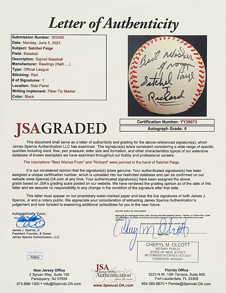 Satchel Paige Single-Signed Baseball JSA MINT 9