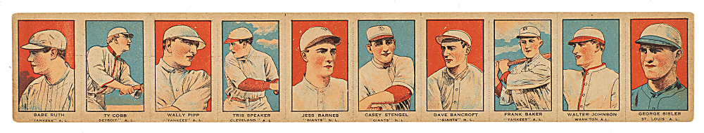 1921 W551 Baseball Uncut Strip-Card Panel Complete Set (10) Including Ruth, Cobb, and Johnson