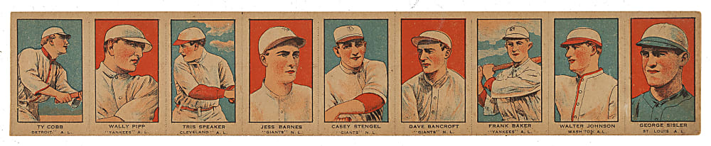 1921 W551 Baseball Uncut Strip-Card Panel (9 Cards) Including Cobb, Stengel, and Johnson