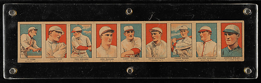 1921 W551 Baseball Uncut Strip-Card Panel (9 Cards) Including Cobb, Stengel, and Johnson