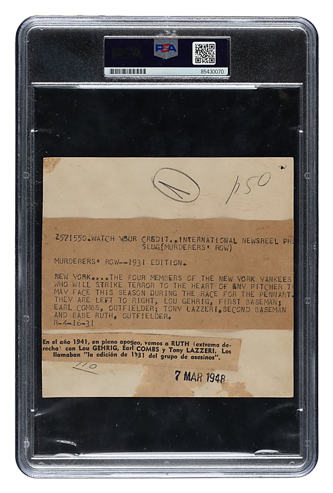 1931 Babe Ruth, Lou Gehrig, Earle Combs, and Tony Lazzeri Original International News Service Photograph PSA/DNA Type I