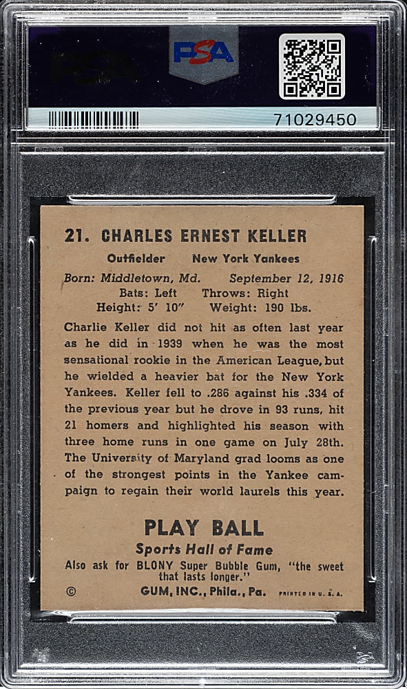 1941 R336 Play Ball #21 Charlie Keller PSA NM-MT 8
