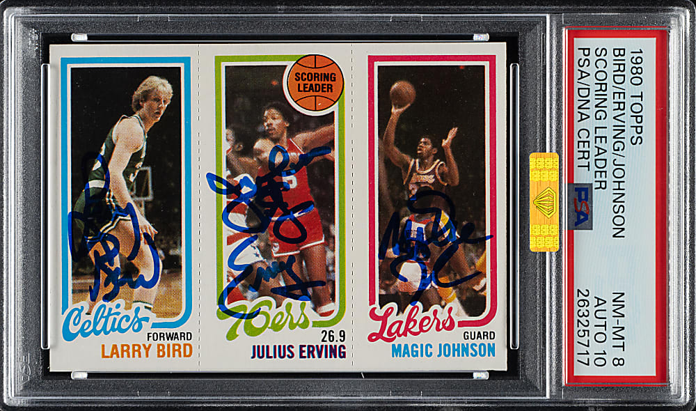 Signed 1980-1981 Topps Basketball Larry Bird/Julius Erving/Magic Johnson Rookie PSA NM-MT 8 with GEM MINT 10 Signature (MBA Gold Diamond)