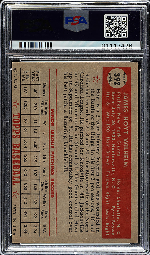 1952 Topps #392 Hoyt Wilhelm Rookie High Number PSA NM-MT 8