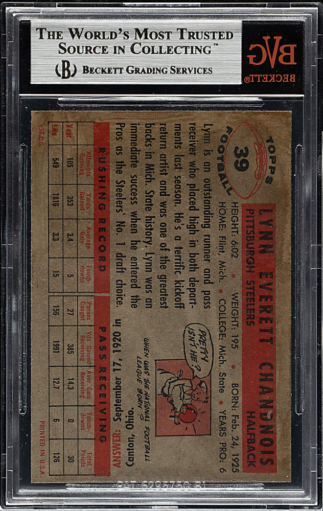 1956 Topps Football #39 Lynn Chandnois BVG Authentic - Topps Vault File Copy