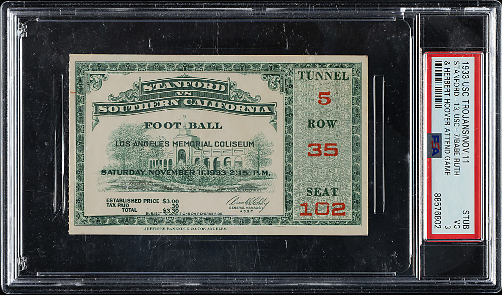November 11, 1933 USC Trojans (vs. Stanford Cardinal) Ticket Stub PSA VG 3 - Babe Ruth and Herbert Hoover Attend Game