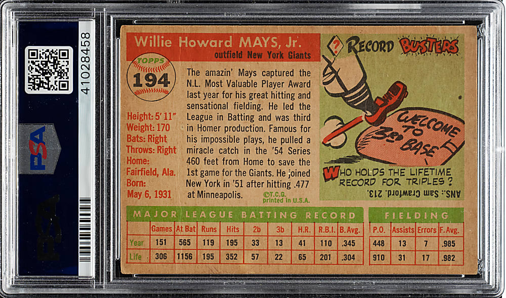 1955 Topps #194 Willie Mays PSA VG 3