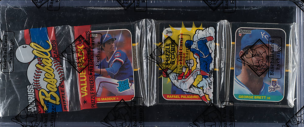 1987 Donruss Unopened Rack Pack - George Brett, Greg Maddux Rookie, and Rafael Palmeiro Rookie on Top - BBCE