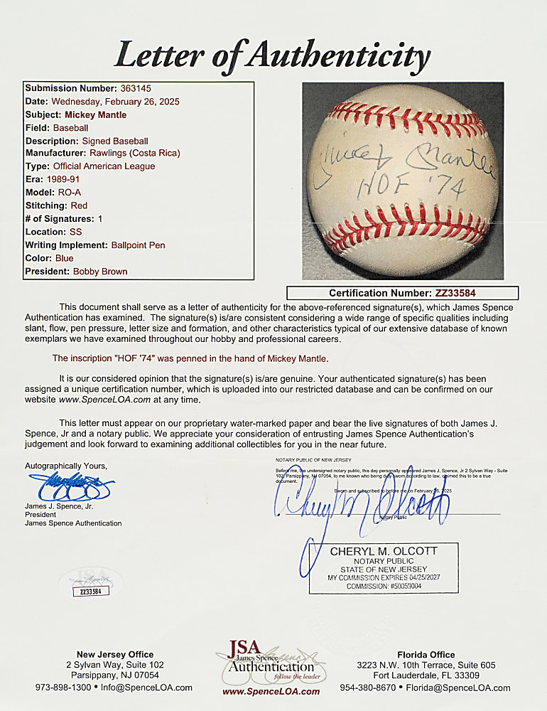 Mickey Mantle Single-Signed Baseball with "HOF '74" Inscription - JSA