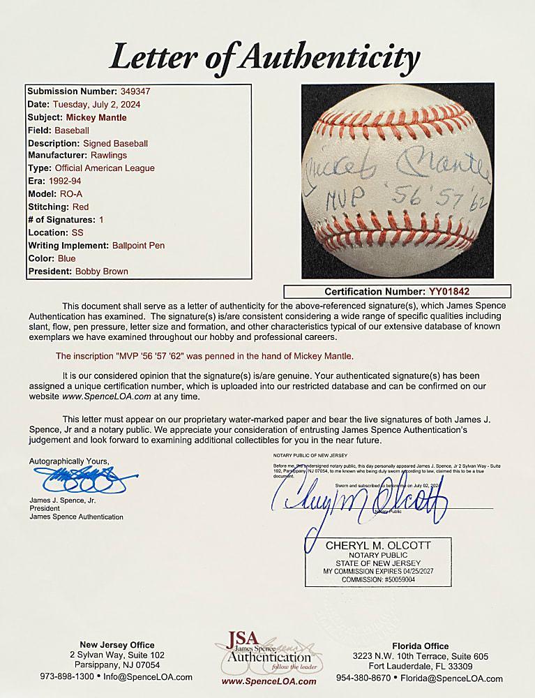 Mickey Mantle Single-Signed Baseball with "MVP '56 '57 '62" Inscription - JSA